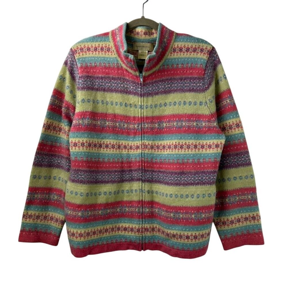 Vintage Susan Bristol Women's L Multicolor Lambswool Full Zip Striped Sweater